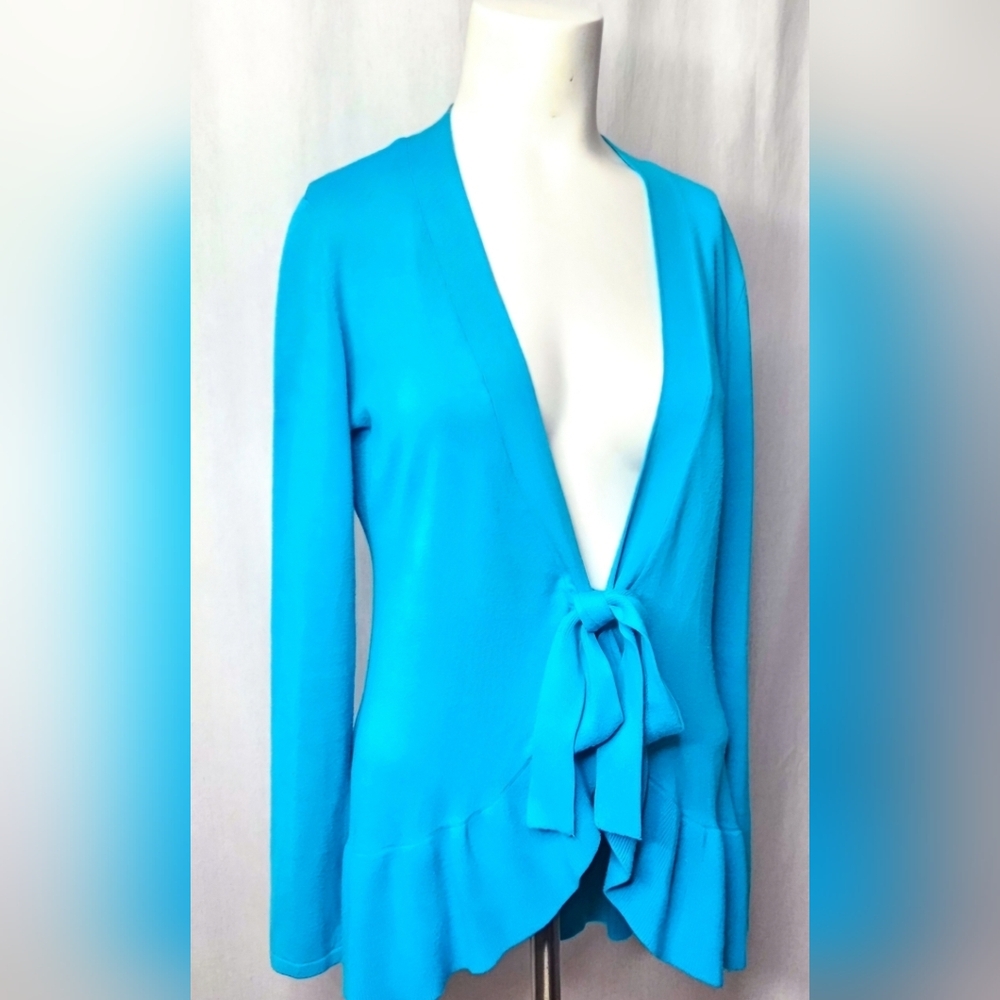 NY&C Tie Front‎ Cardigan Sweater Teal/Turquoise Ruffle Hem Rayon Blend Size M